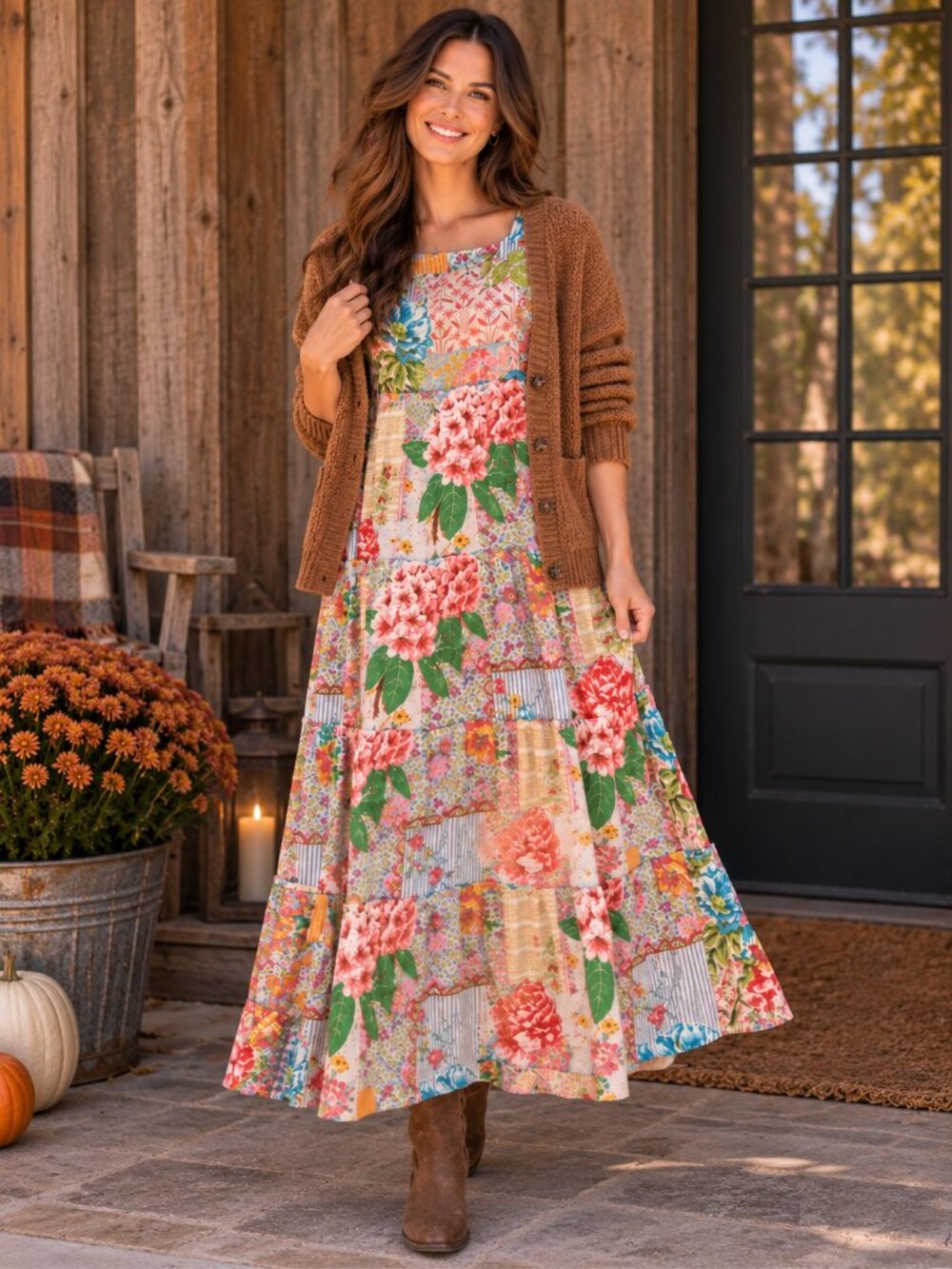 Natural Life Berkley Maxi Dress Large Vintage Floral Patchwork Print Boho